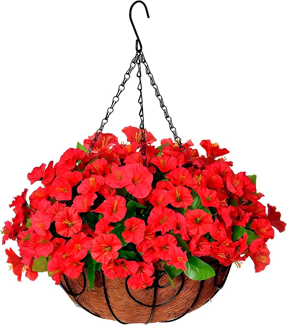 Silk Flower Hanging Basket: Lifelike Artificial Flowers in Coconut Lined Pot